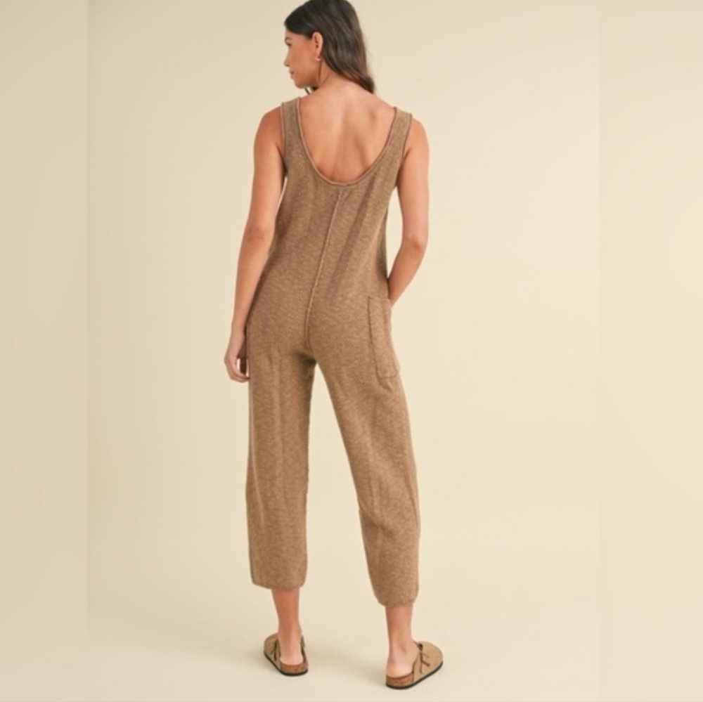 MABLE Sleeveless Knit Crop Urban Hippie Boho Jumpsuit Pockets Mocha Brown Medium - Picture 4 of 14